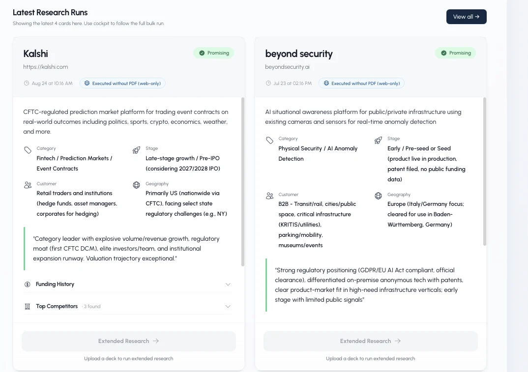 Two research result cards side by side showing category, stage, customer and geography for each company, plus an assessment summary