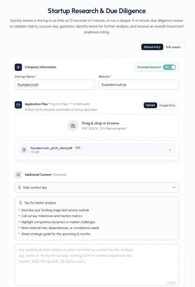 Extended Research setup with startup name, website, application files uploaded from disk or Google Drive, and an optional context field