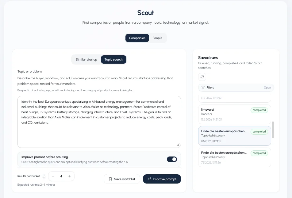 Scout topic search filled with a detailed question about AI-based energy management for commercial and industrial buildings, with previous topic-led discovery runs alongside