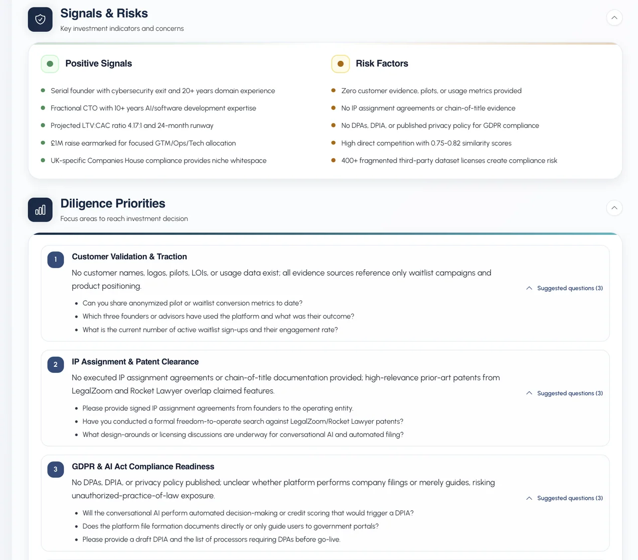Signals and risks for a startup alongside diligence priorities, each with three suggested questions an investor would ask