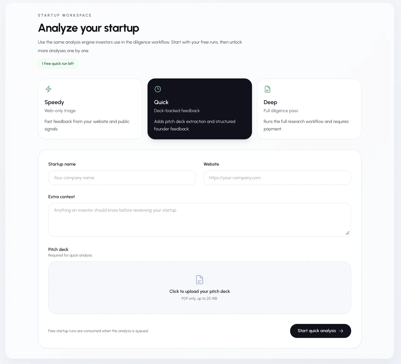 Quick Research on a startup: category, stage, customer and geography, an assessment sentence and expandable sections for competitors, traction and risks
