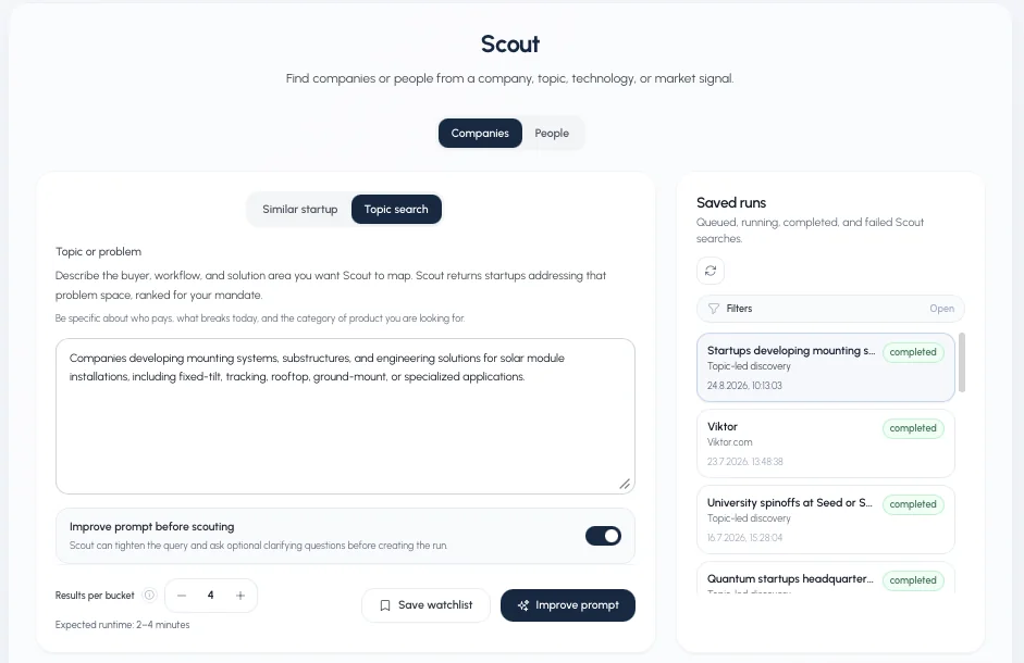 Scout topic search with a populated query describing a buyer, workflow and solution area, and an option to improve the prompt before running